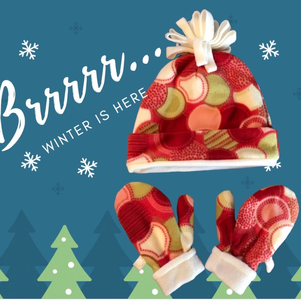 Handmade Fleece Hat and Mitten Set Pink Multi-Size 5-8 years